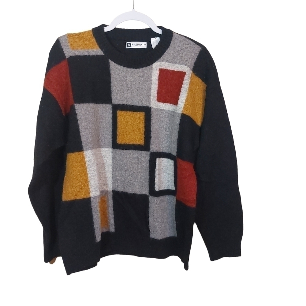 Bachrach Men's Geometric Colorblock Crewneck Sweater - Black/Gray/Gold/Red